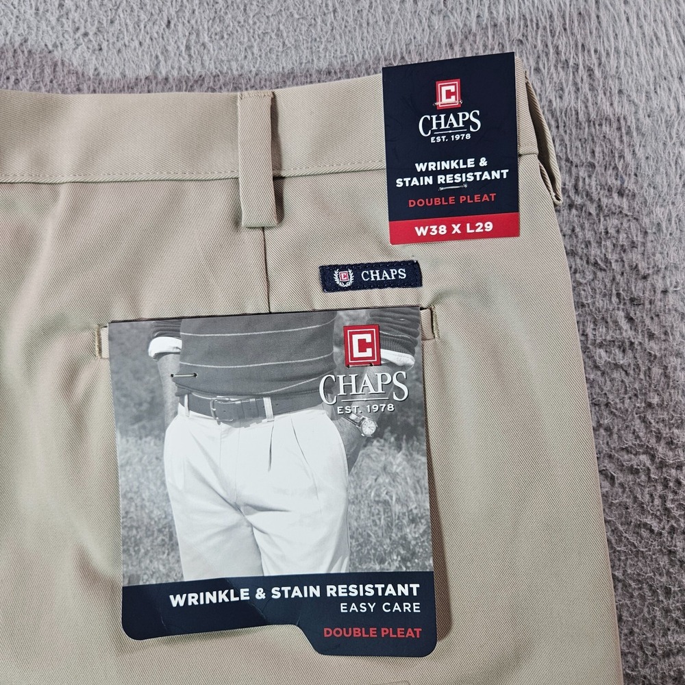 NWT Chaps Chino Pants Men 38 x 29 Double Pleated Wrinkle & Stain Resistant Beige